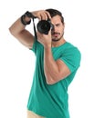 Young professional photographer  picture on white background Royalty Free Stock Photo