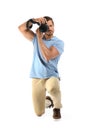 Young professional photographer  picture on white background Royalty Free Stock Photo