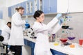 Young professional scientists making experiment in research laboratory Royalty Free Stock Photo