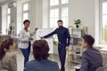 Multiracial people team employees of progressive company oversees presentation in spacious office Royalty Free Stock Photo