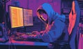 Young programmer coding in dark room with dual monitors displaying colorful code Royalty Free Stock Photo