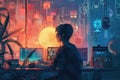 Young programmer developing software working late at night in his futuristic room