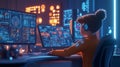 A young programmer develops artificial intelligence in a futuristic workspace filled with glowing screens and high-tech equipment
