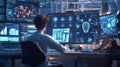 A young programmer develops innovative AI solutions on multiple screens in a futuristic tech lab during the evening hours