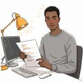 Young Programmer Reviews Code at Desk with Lamp Light man art work grey data style mouse coding