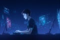 A young programmer sits in a high-tech cyberpunk workspace, eyes fixed with determination on multiple screens displaying holograph