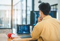 Young programmer working on coding, software development and web design in software company office.Concept technology development Royalty Free Stock Photo