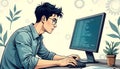 A young programmer working on a computer, immersed in writing and reviewing code