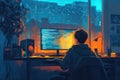 Young coder working from home on multiple screens, programming against a stunning city sunset