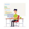 Young programmer writes code for a computer. Smiling man sitting at desk. Workplace specialist. Vector, illustration