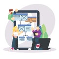 Young programmers coding a new project on big tablet ps phone. Flat modern illustration of young programmer coding a new