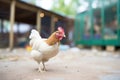 young pullet exploring outside the coop