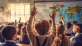 Young pupils in elementary school classroom eagerly raise hands. Generative AI