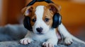 Young puppy listening to music on a head set. AI Generative Royalty Free Stock Photo