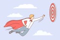 Young purposeful man in superhero cape flies in sky towards target, wanting to reach goal faster