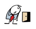 Young puzzled businessman looks at the small open door in confusion and looks for an exit opportunity. Vector