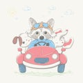 Young racer with the dog and the elephant in the back seat. Summer series of children`s card Royalty Free Stock Photo