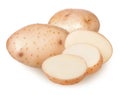 Young raw potatoes with peel and cut spud slices isolated on white background with shade, crop agriculture