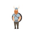 Thin red-bearded viking stands with shield behind shoulders and clenched fists over white background Royalty Free Stock Photo