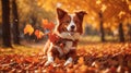 Young border collie dog playing with leaves in autumn Royalty Free Stock Photo