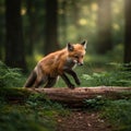 A young red fox (*Vulpes vulpes*) is mid-step, balancing on a fallen log in a dense Royalty Free Stock Photo