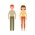 Young red hair man in green pants and brown hair woman in orange pants vector illustration. Front view cartoon character set