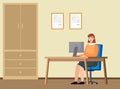 Young red-haired business woman at the desk is working on the laptop computer vector illustration Royalty Free Stock Photo