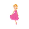 Young red-haired girl wearing beautiful pink dress and high heels shoes. Female character with cheerful face expression