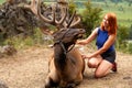 A young red-haired woman with deer maral Royalty Free Stock Photo