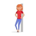 Young Red-haired Woman Leaning Against the Wall and Smiling Vector Illustration Royalty Free Stock Photo