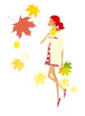 Young red-haired woman is walking on a background of falling autumn maple leaves. Autumn.Pregnancy. Isolated on a white background