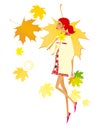 Young red-haired woman is walking on a background of falling autumn maple leaves. Autumn.Pregnancy. Isolated on a white background