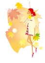 Young red-haired woman is walking on a background of pale-yellow sky and falling autumn maple leaves. Autumn.Pregnancy