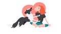 Young red head woman stroke a dog. Black and white border collie licking its owners face