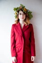 Young redhead girl with oak leaves wreath Royalty Free Stock Photo