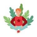 Young Redhead Male Resting Outdoor in Sitting Pose with Green Foliage Behind Vector Illustration