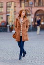Woman in coat have a rest on Frankfurt streets Royalty Free Stock Photo