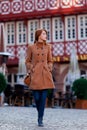 Woman in coat have a rest on Frankfurt streets Royalty Free Stock Photo