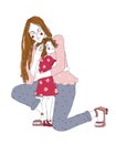 Young redhead woman cuddle preschool girl. Mother huggs her little doughte and express care and love. Happy Mothers day