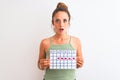 Young redhead woman holding menstruation calendar over isolated background scared in shock with a surprise face, afraid and