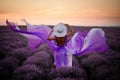 Young woman in luxurious purple dress standing in lavender field, rear view Royalty Free Stock Photo