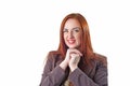 Young redhead woman portrait with disgust face expression Royalty Free Stock Photo