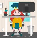 Young redhead woman sitting desperately and exhosted in office. Cloud with flash over her head. Tower of empty coffe mugs