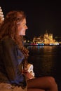 Young woman wondering in Budapest night panorama Royalty Free Stock Photo