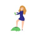 Young redheaded girl put one her foot on pile of money