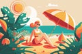 Young Redheaded Girl relaxing on the beach under an umbrella. Summer vacation Flat vector illustration