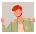 Young redheaded man in casual clothes curious looking peeping out of the window vector Illustration