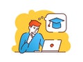 Young redheaded man sitting in front of a laptop and thinking about e-learning flat vector illustration. Distance learning.