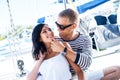 Young, rich and attractive couple on a sailing boat Royalty Free Stock Photo