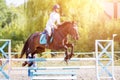 Young rider girl on bay horse jumping over barrier Royalty Free Stock Photo